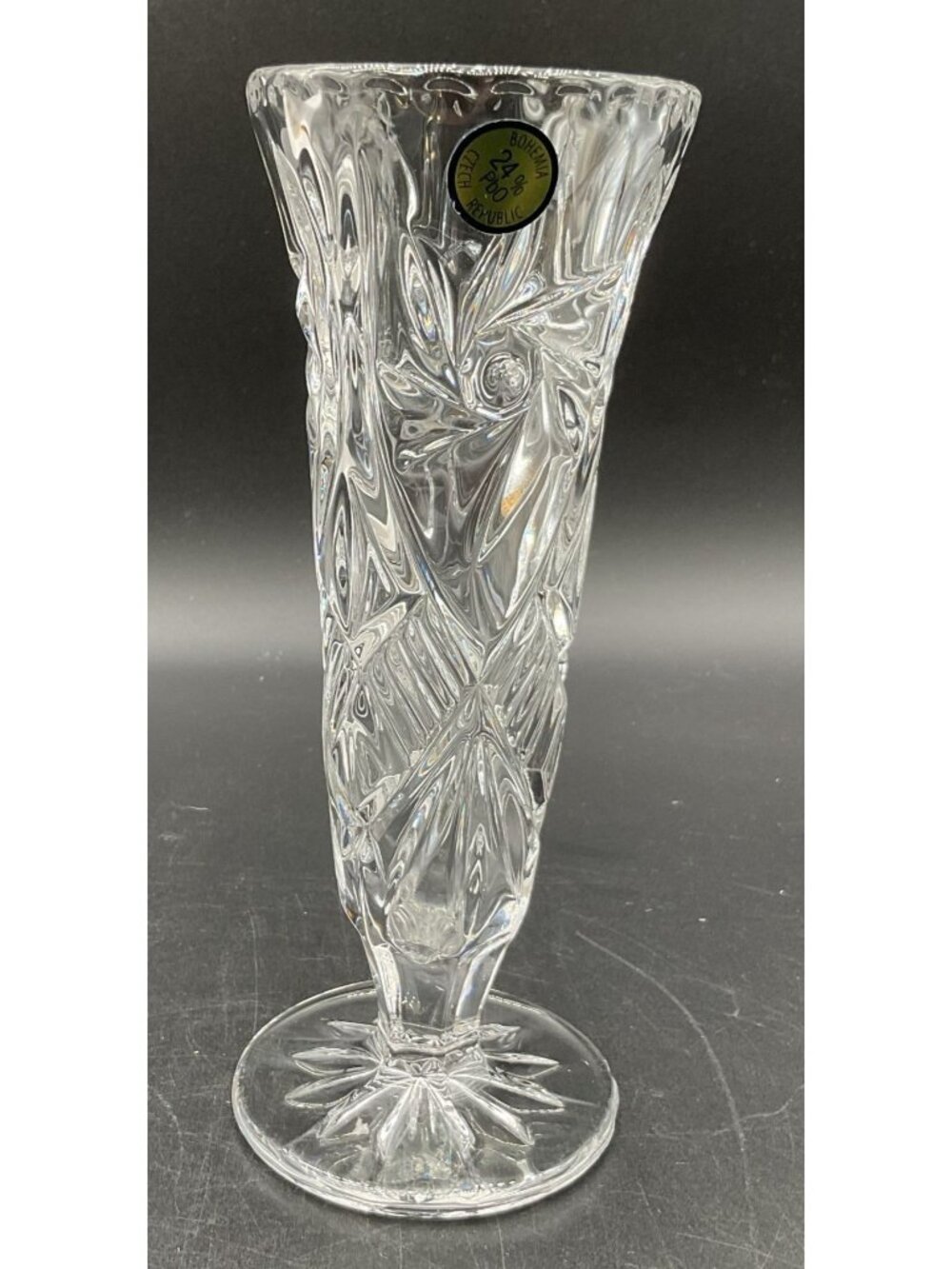 Bohemia Crystal Footed Bud Vase 24% Lead Crystal Pinwheel Pattern Czech 7" H